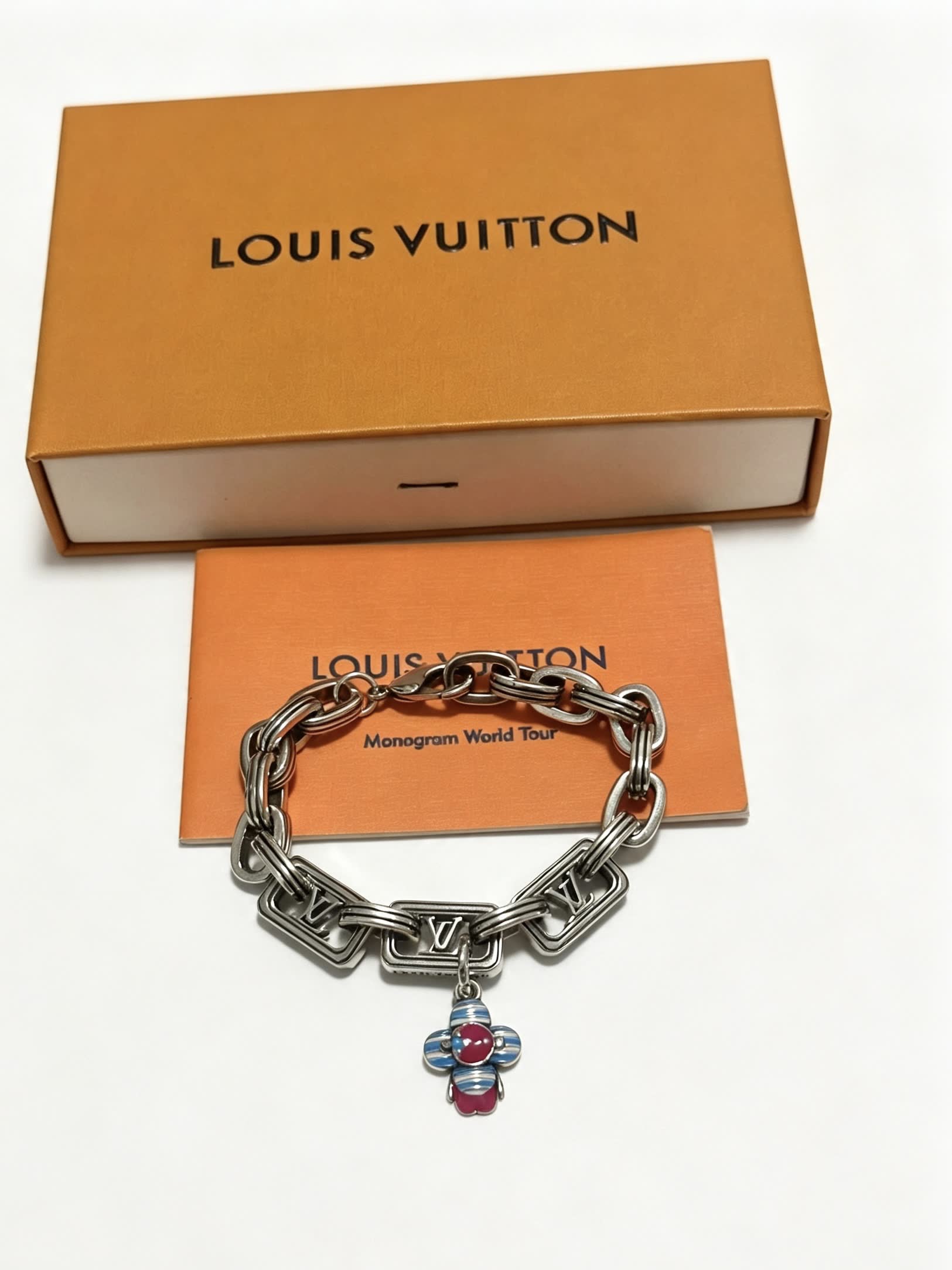 Louis Vuitton Silver Tone Bracelet with Monogram Charm